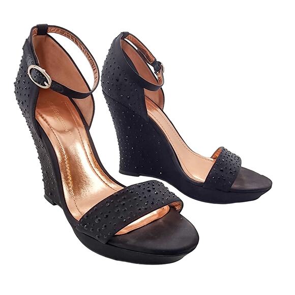 BCBGeneration Heels Size 38 8B Peep Toe Wedge Black Ankle Strap Rhinestones - Picture 1 of 15